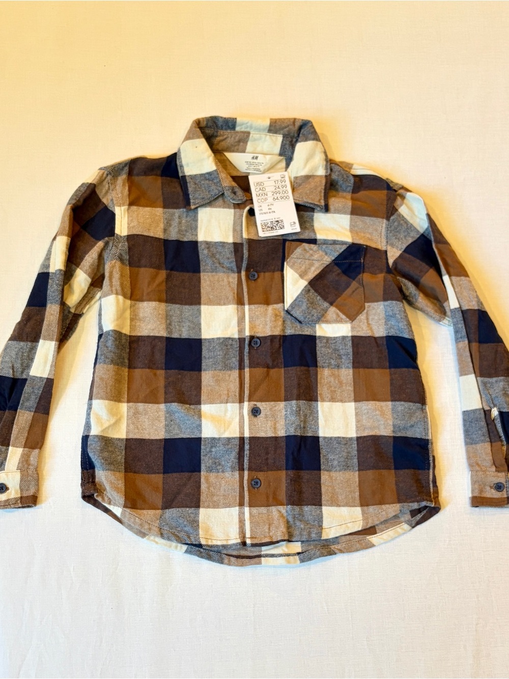 H&M Boys Plaid Button-Down Shirt - Navy, Brown & Cream